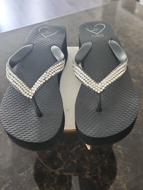 Black Swarovski Elements Wedge Flip Flops - Women